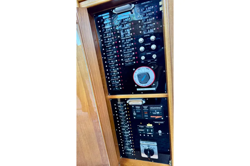 Slide: The Image of Electrical control panel on a 1996 Grand Banks 46 Heritage CL yacht. - 83