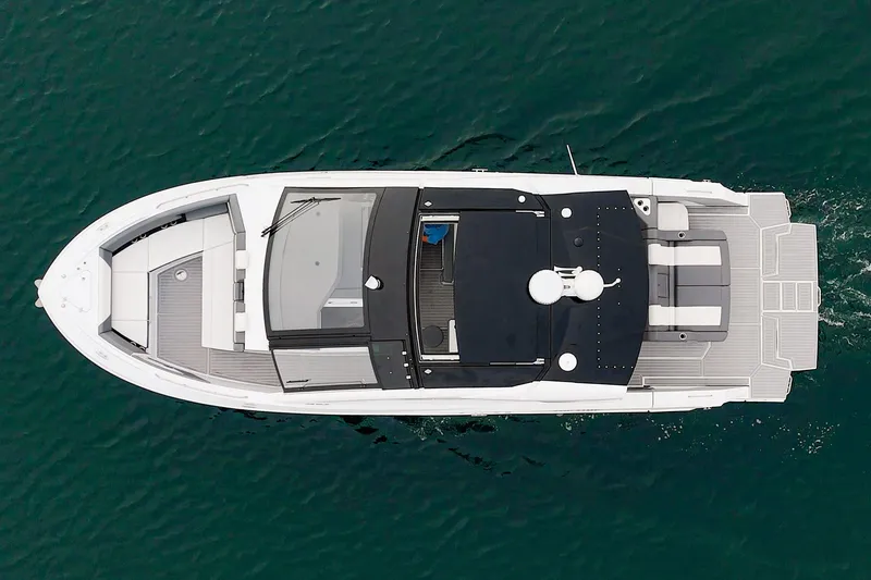 Slide: The Image of Aerial view of 2022 Cruisers 42 GLS yacht on the water. - 10