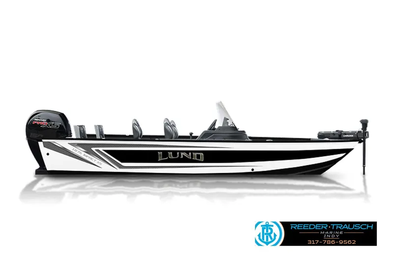The Image of 2026 Lund 1875 Impact XS SS fishing boat, sleek black and white design, side view. - 1