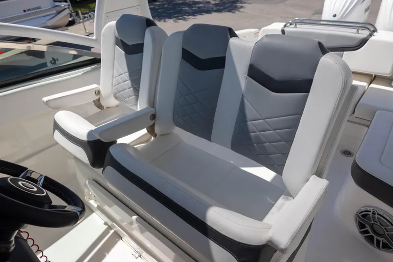 Slide: The Image of 2022 Chaparral 300 OSX boat seats with modern design and comfortable upholstery. - 10