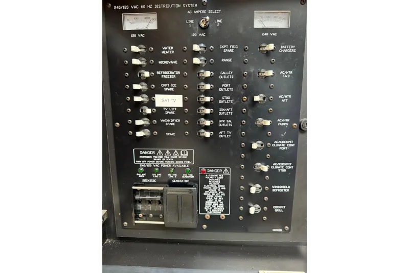 Slide: The Image of Electrical panel of 2012 Cruisers Yachts 48 Cantius, showing various switches and controls. - 45