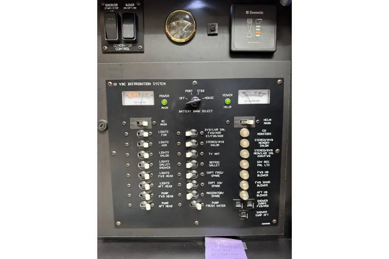 Slide: The Image of Control panel of a 2012 Cruisers Yachts 48 Cantius, featuring various switches and gauges. - 46