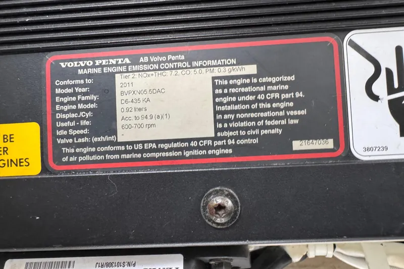 Slide: The Image of Volvo Penta marine engine emission control label on 2012 Cruisers Yachts 48 Cantius. - 50