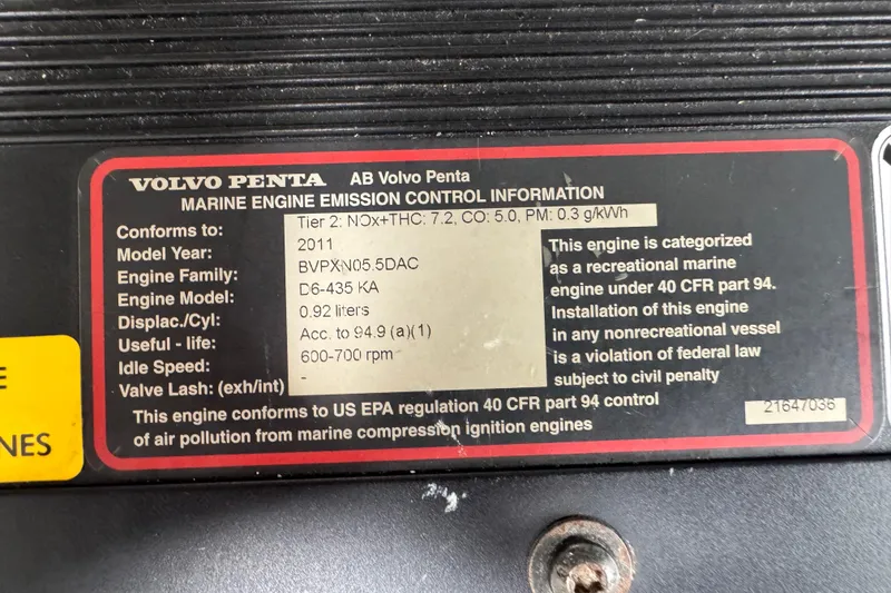 Slide: The Image of Volvo Penta marine engine emission label on 2012 Cruisers Yachts 48 Cantius. - 51