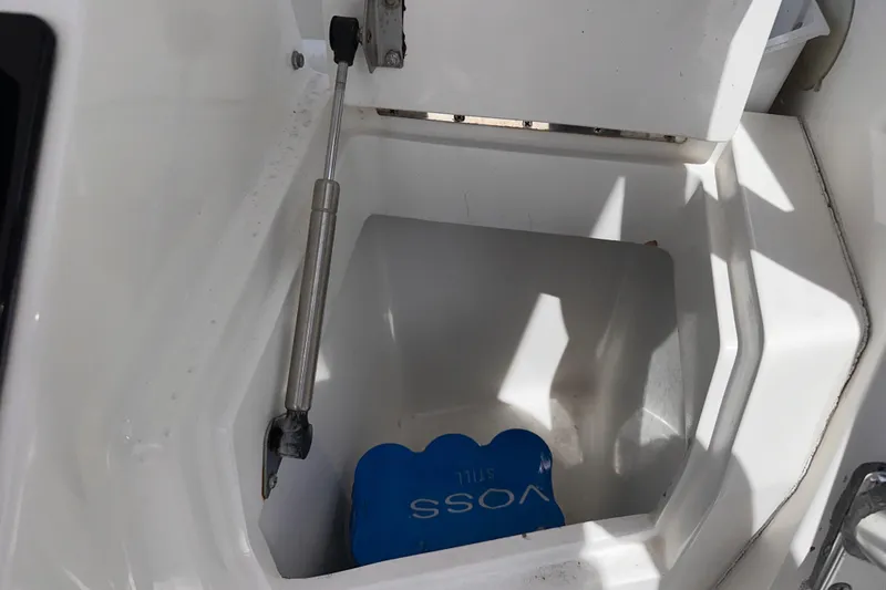 Slide: The Image of Storage compartment of a 2007 Intrepid 310 Walkaround boat, featuring a hydraulic lift. - 19