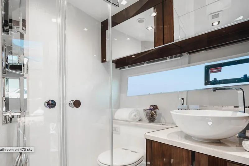 Slide: The Image of Luxurious bathroom in 2024 Galeon 470 Sky yacht with modern fixtures and elegant design. - 12