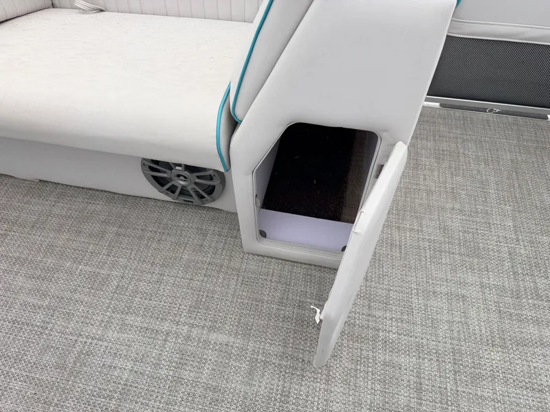 Slide: The Image of Qwest 822 Tritoon seating with storage compartment and speaker, 2019 model. - 16