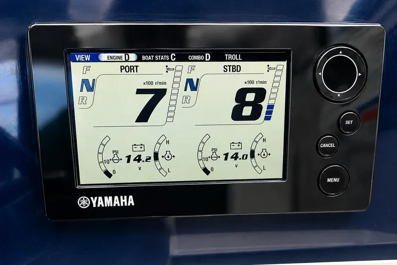 Slide: The Image of Yamaha engine display on 2016 Pursuit OS 325 Offshore boat, showing RPM and diagnostics. - 13