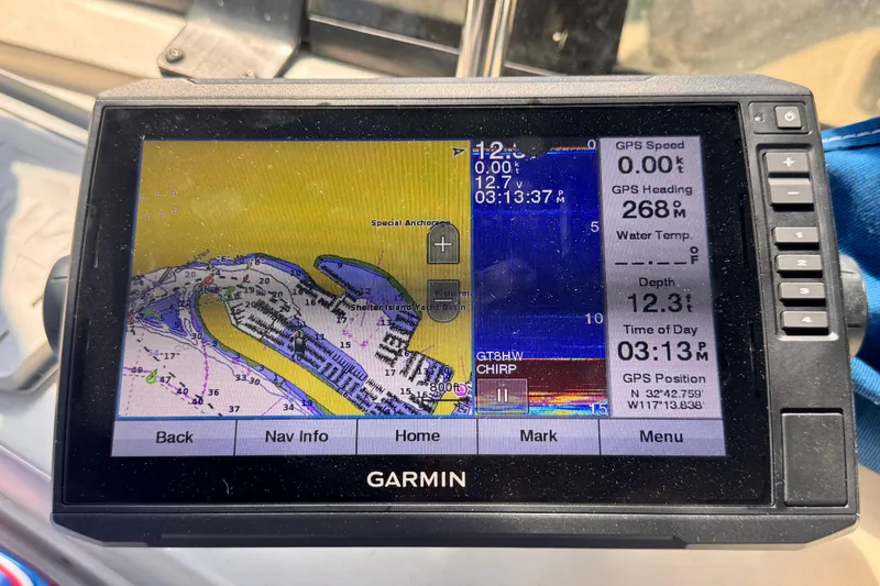 Slide: The Image of Garmin GPS display on 1985 Californian 35 Motor Yacht, showing navigation and depth information. - 35