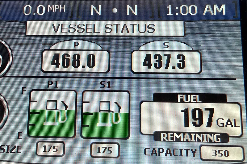 Slide: The Image of Vessel status display of 2011 Meridian 391 Sedan showing fuel levels and capacity. - 55