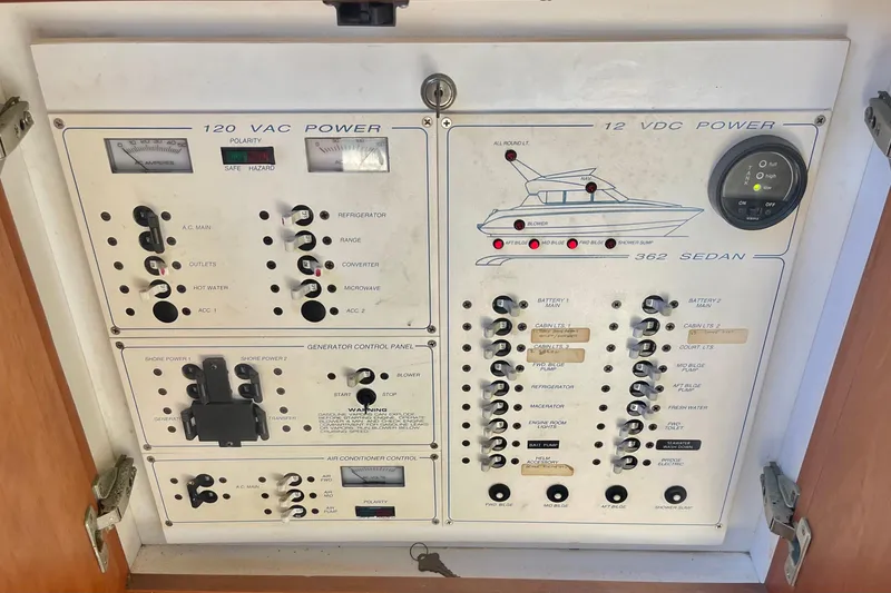 Slide: The Image of Electrical control panel of a 1995 Silverton 36 Convertible boat, featuring various switches and gauges. - 21