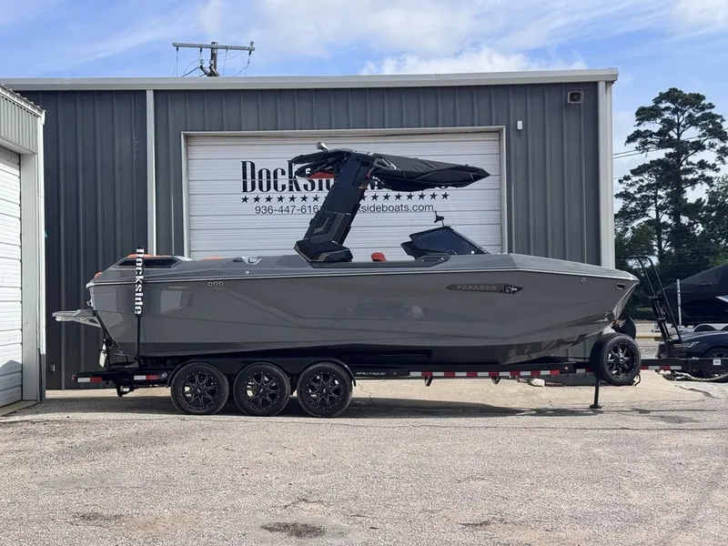 Slide: The Image of 2026 Nautique Super Air Nautique G25 Paragon on trailer at Dockside. - 2