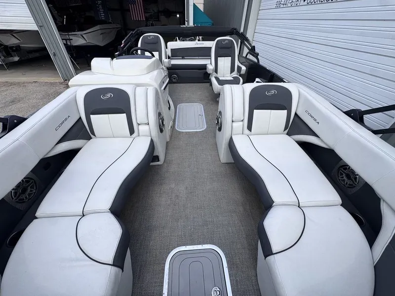 Slide: The Image of Interior view of a 2021 Barletta Boats 23UC with white seating. - 7