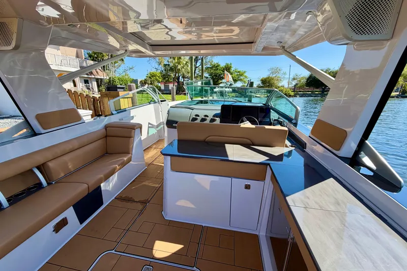 Slide: The Image of Luxurious interior of 2023 Aviara AV40 OB boat with sleek seating and modern design. - 31