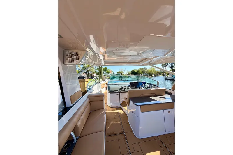 Slide: The Image of Luxurious interior of 2023 Aviara AV40 OB boat with spacious seating and modern design. - 33