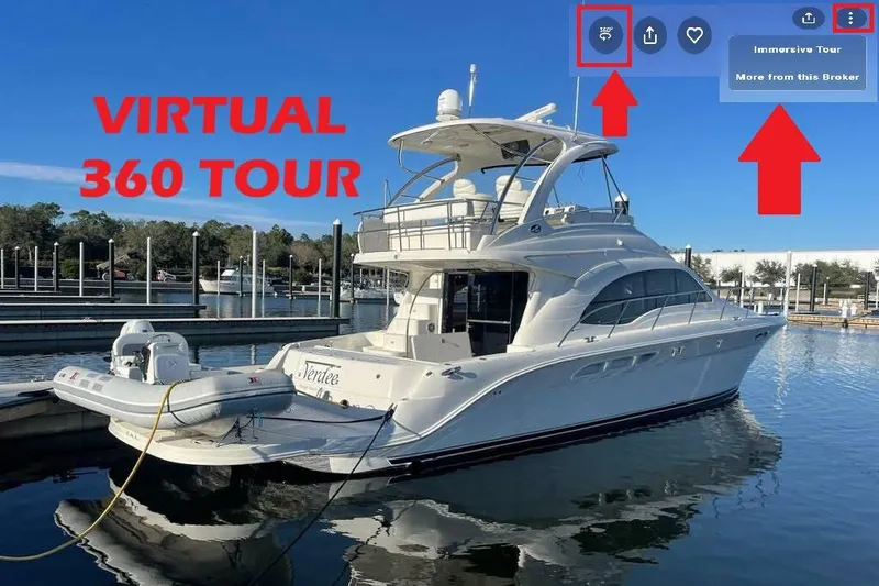 Slide: The Image of 2007 Sea Ray 52 Sedan Bridge yacht docked, offering a virtual 360 tour experience. - 2