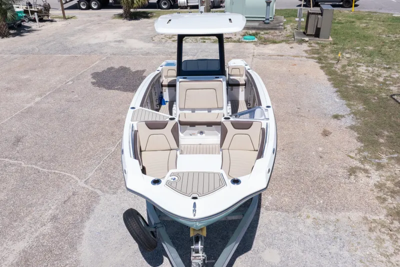 Slide: The Image of 2025 Yamaha Boats 255 FSH Sport E, aerial view, showcasing spacious seating and sleek design. - 4