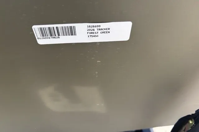 Slide: The Image of Label on 2026 Tracker Grizzly 1754 SC in forest green with barcode. - 12