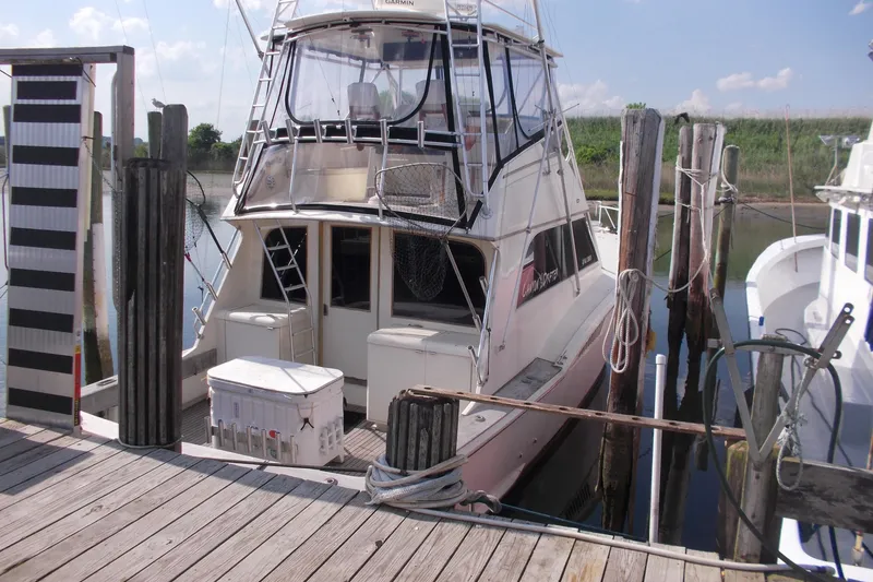 The Image of 1982 Hatteras 46 Convertible yacht docked at a marina, rear view. - 0