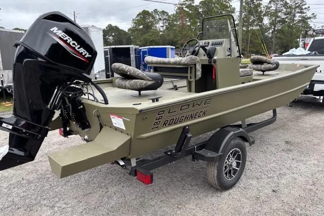 Slide: The Image of 2026 Lowe Roughneck RX1860 CC boat with Mercury engine on trailer, parked outdoors. - 5