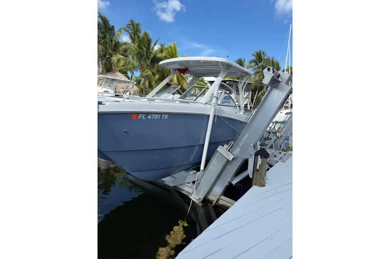 Slide: The Image of 2023 World Cat 255 DC boat docked, surrounded by palm trees and blue sky. - 2