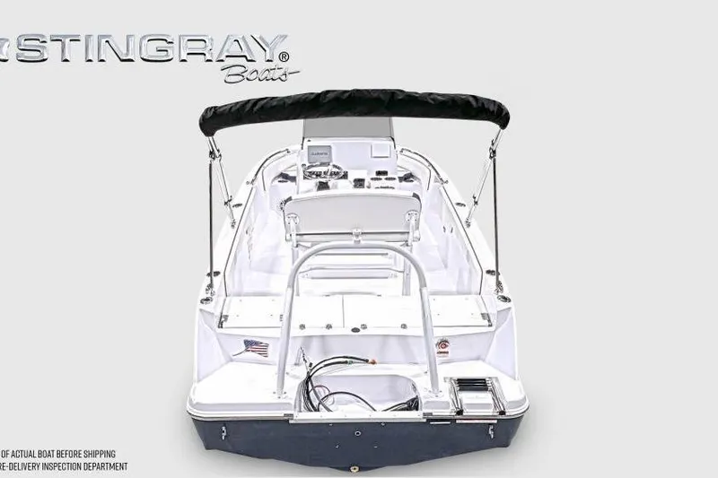 Slide: The Image of 2026 Stingray 173 CC boat, rear view with canopy and sleek design. - 5