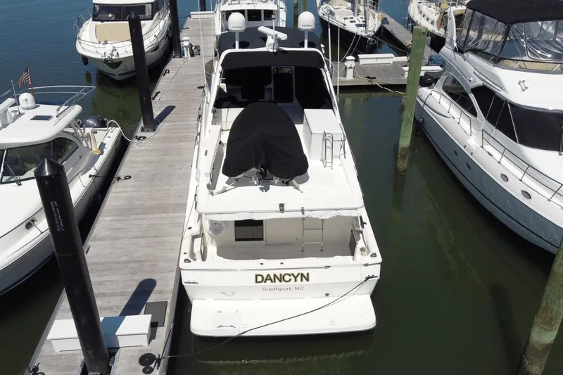 Slide: The Image of 2008 Meridian 490 Pilothouse yacht docked at marina, aerial view. - 31