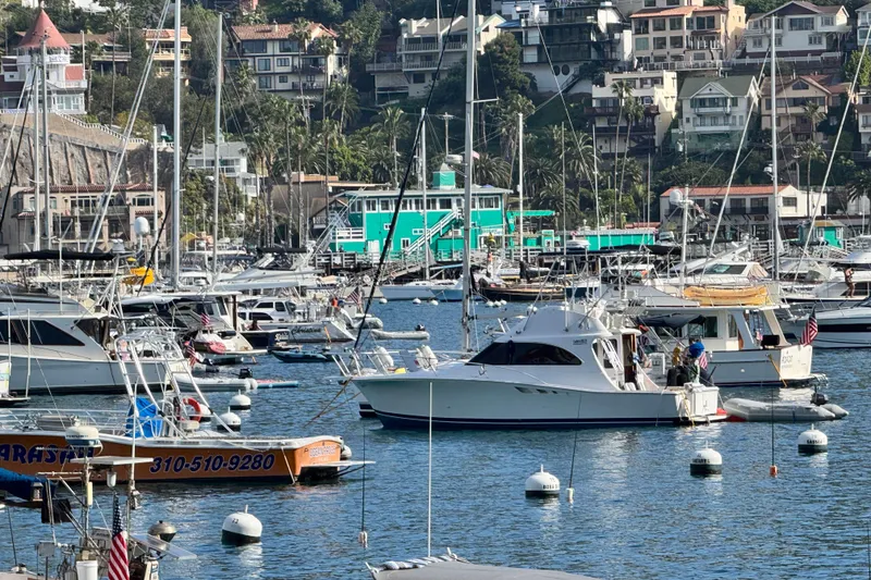 Slide: The Image of Marina with 1998 Luhrs Tournament 320 Convertible boat, surrounded by other vessels and coastal houses. - 32