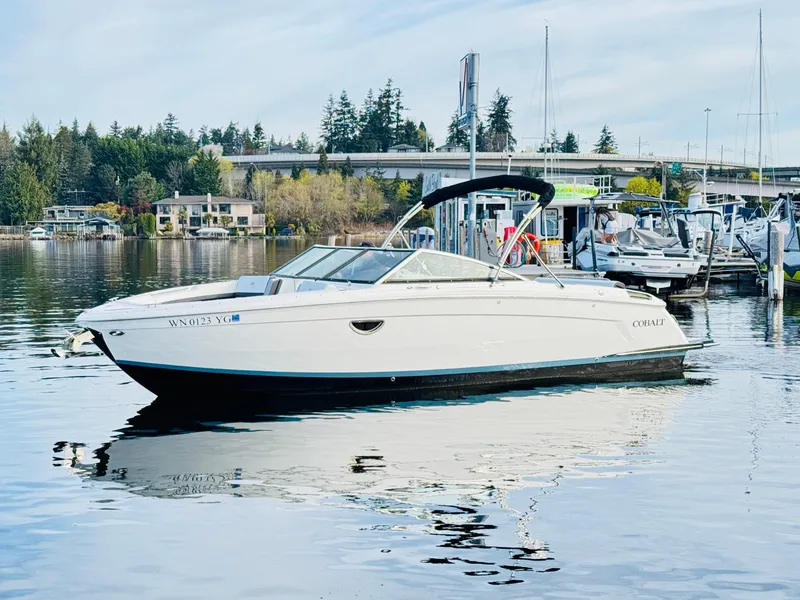 Slide: The Image of 2023 Cobalt R8 boat docked on calm water with scenic background. - 12