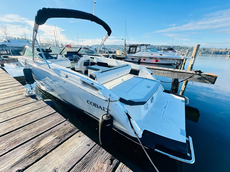 Slide: The Image of 2023 Cobalt R8 boat docked at marina, featuring sleek design and spacious seating. - 39