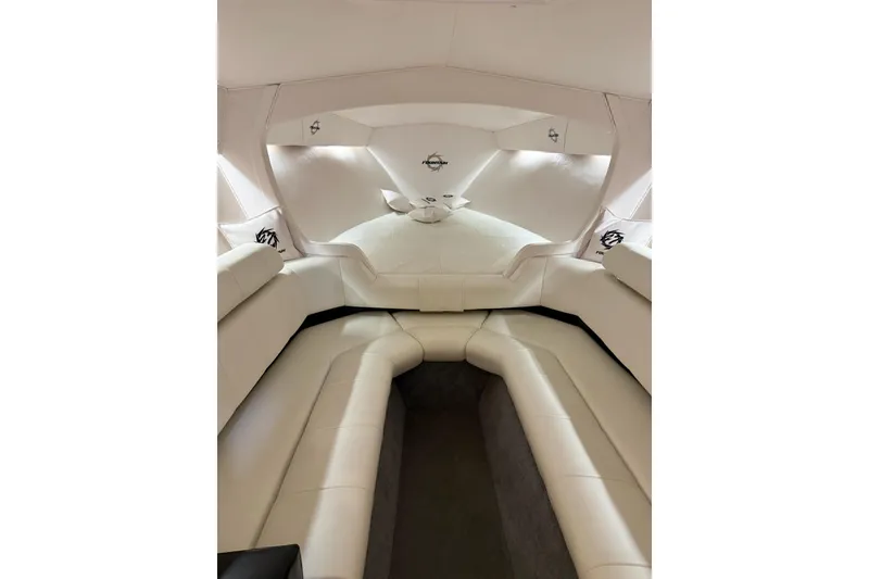 Slide: The Image of Interior of 2000 Fountain 47 Lightning boat with white leather seating. - 6