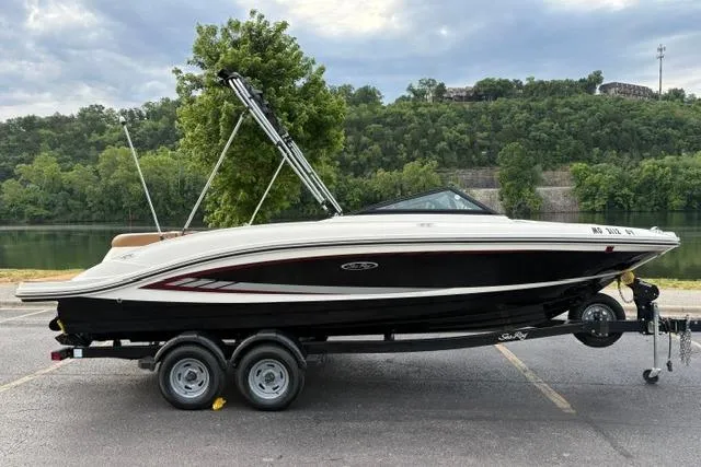 The Image of 2017 Searay SPX210 boat on trailer, parked near a scenic lake with lush greenery. - 1