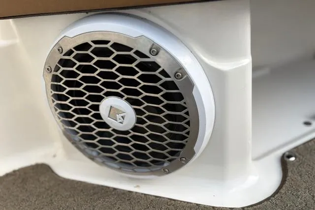 Slide: The Image of Close-up of a 2017 Searay SPX210 boat speaker with a hexagonal grille design. - 47