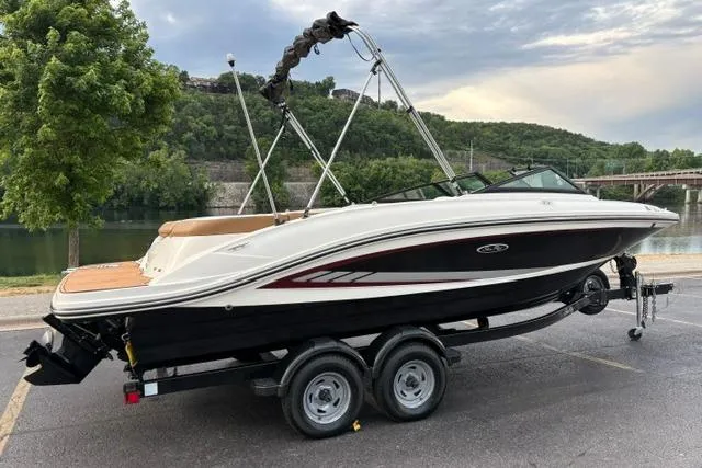 Slide: The Image of 2017 Searay SPX210 boat on trailer by riverside, scenic background. - 5