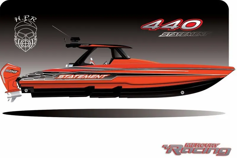 Slide: The Image of Red R-Sport Powerboats 47, 2027 model, with Mercury Racing engine, sleek design. - 2