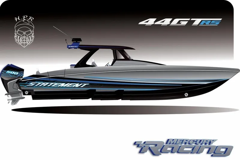 Slide: The Image of R-Sport Powerboats 47, 2027 model, sleek design with Mercury Racing engine, labeled "Statement." - 3