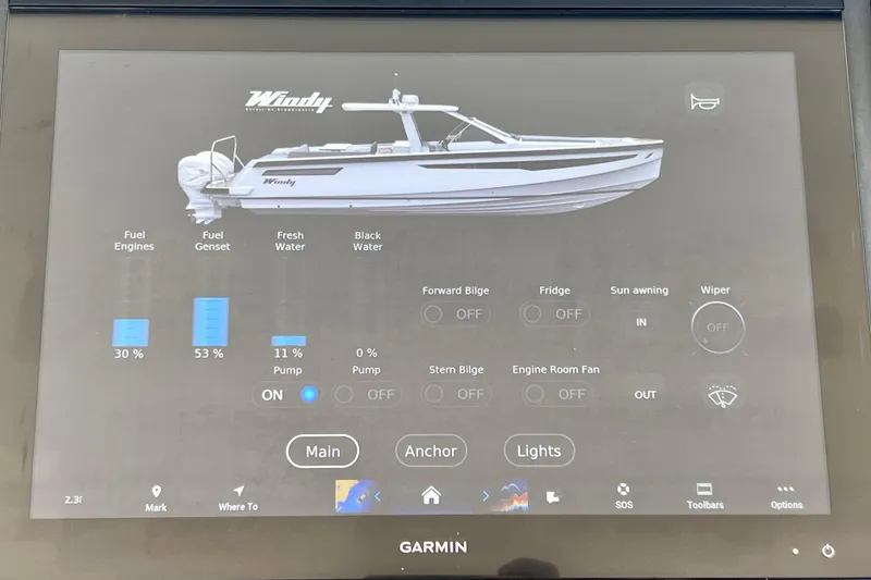 Slide: The Image of Touchscreen display of a 2022 Windy SR 44 BLACKHAWK boat control panel. - 54