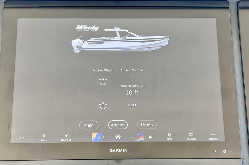 Slide: The Image of Garmin display showing Windy SR 44 Blackhawk anchor controls, 2022 model. - 55