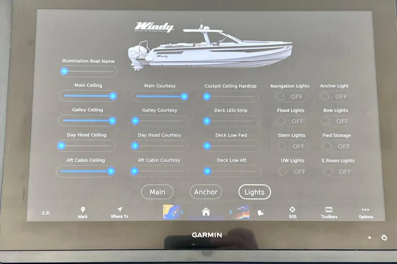 Slide: The Image of Control panel of a 2022 Windy SR 44 BLACKHAWK boat, displaying lighting settings. - 56