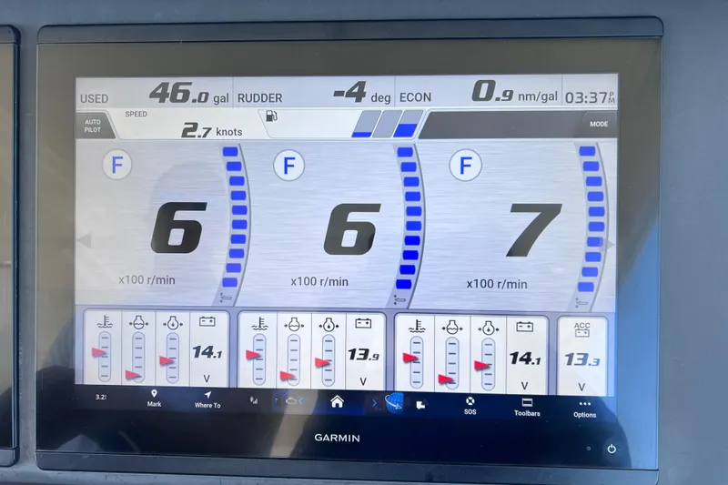 Slide: The Image of Garmin display on 2022 Windy SR 44 BLACKHAWK showing speed, fuel, and engine data. - 57