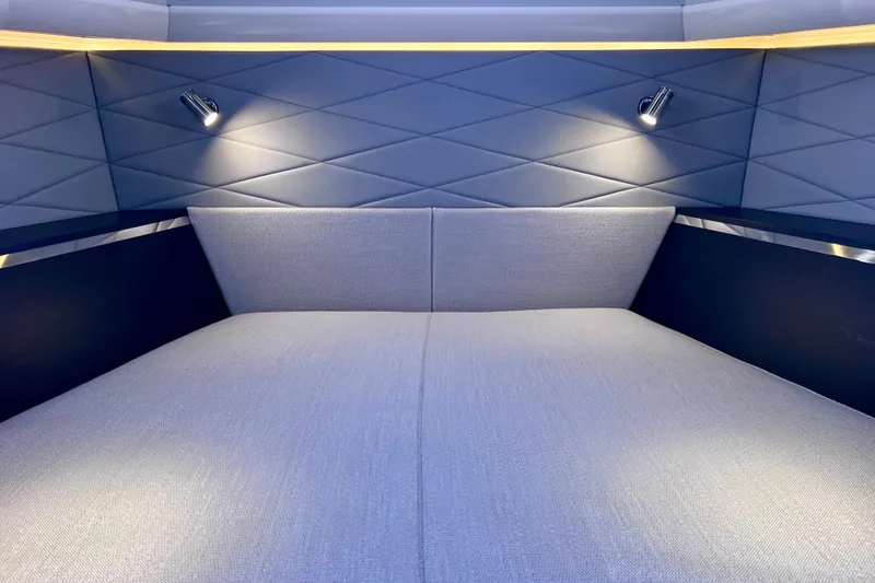 Slide: The Image of Luxurious interior cabin of 2022 Windy SR 44 BLACKHAWK yacht with modern lighting. - 97