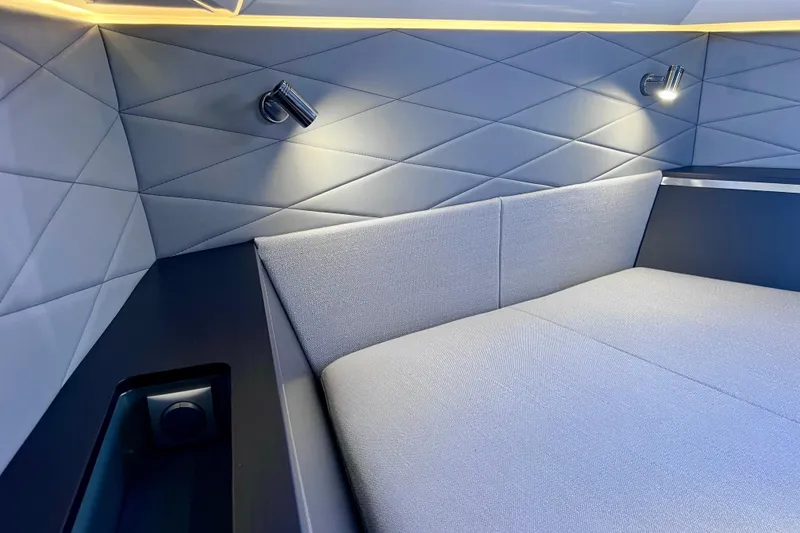 Slide: The Image of Luxurious interior cabin of 2022 Windy SR 44 BLACKHAWK yacht with modern lighting. - 98