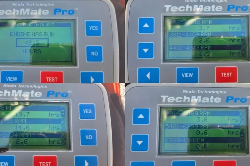 Slide: The Image of TechMate Pro engine diagnostics display for 2023 Stingray 182 SC, showing engine hours and RPM data. - 88