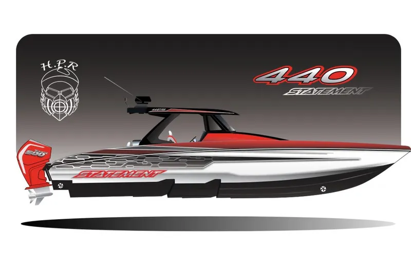Slide: The Image of R-Sport Powerboats 47, 2027 model, sleek design, red and black. - 1