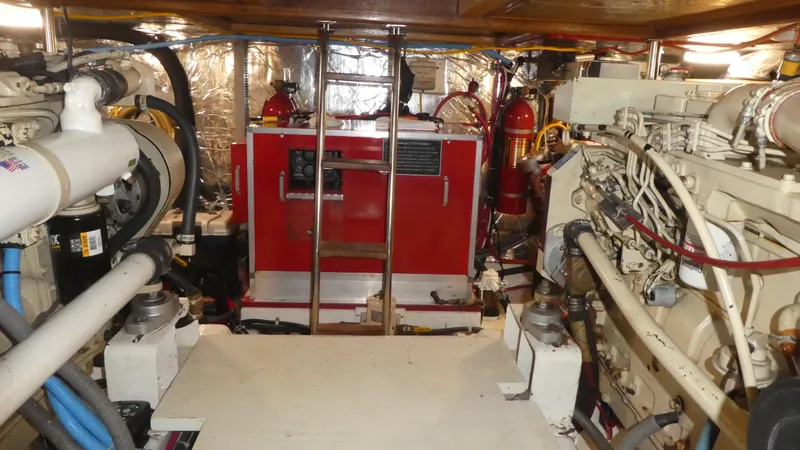 Slide: The Image of Engine room of 1992 Ocean Alexander 456 Classicco yacht, featuring machinery and equipment. - 49