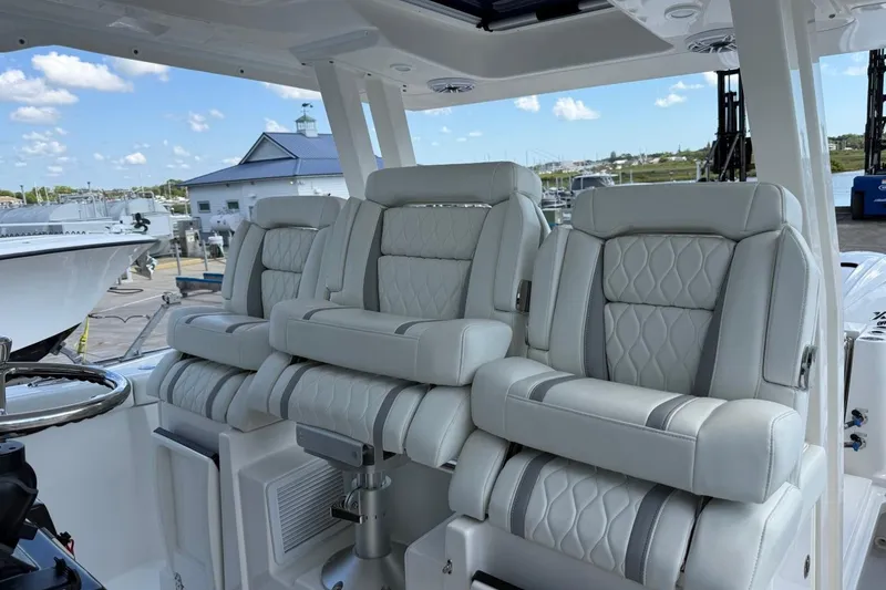 Slide: The Image of Luxurious seating on the 2026 Pursuit S 358 Sport boat, featuring elegant design and comfort. - 34