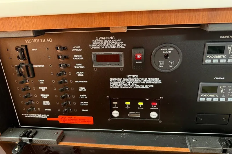Slide: The Image of Electrical control panel of 2026 Pursuit S 358 Sport boat with various switches and warnings. - 53