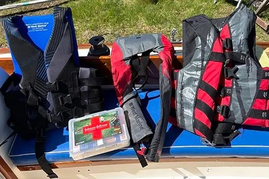 Slide: The Image of Life jackets and first aid kit on 1977 Cape Dory Typhoon Weekender boat. - 11