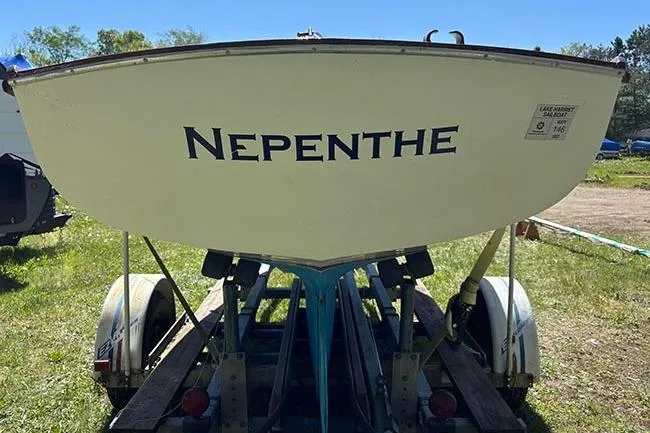 Slide: The Image of 1977 Cape Dory Typhoon Weekender sailboat named Nepenthe on a trailer. - 8