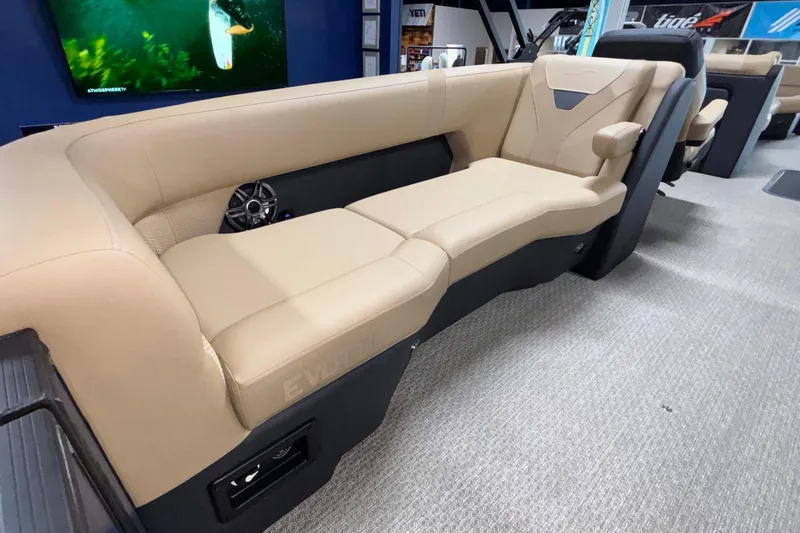 Slide: The Image of Luxurious seating in the 2026 Evotti 525QL boat, featuring beige upholstery and modern design. - 12